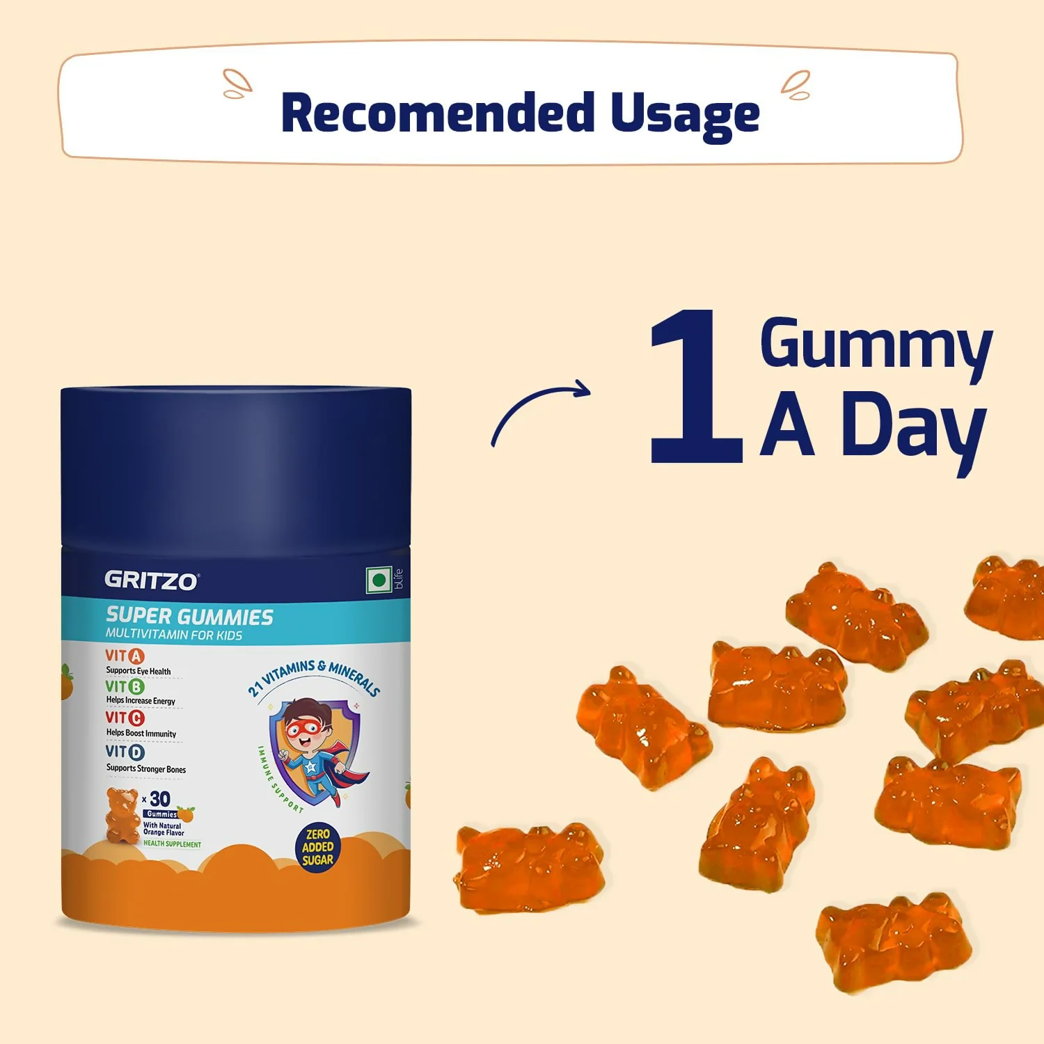Gritzo Super Gummies, Multivitamin for Kids (Natural Strawberry & Natural Orange Flavours) - Image 3