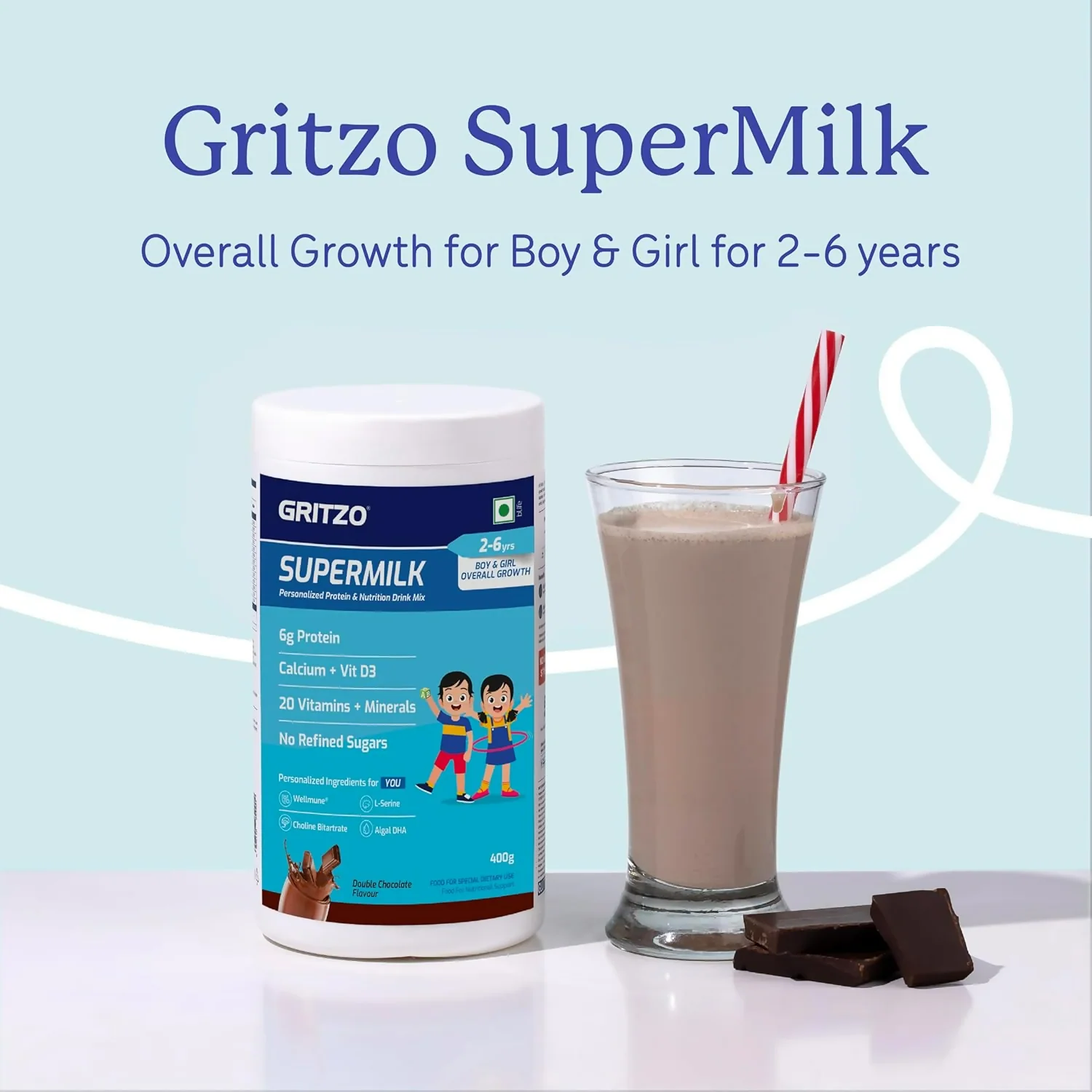 Gritzo SuperMilk Overall Growth (2-6y Boy & Girl) (Double Chocolate) with Super Gummies (Natural Orange Flavour) - Image 3